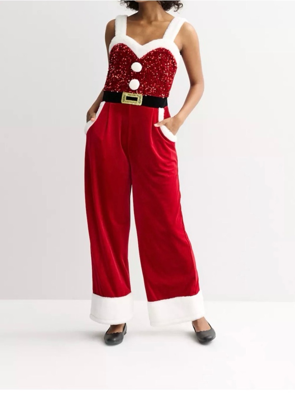 Festive Red Santa-Inspired Jumpsuit with White Trim
